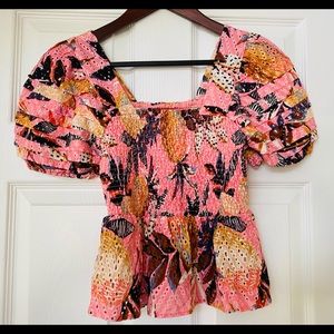 Farm Rio Pink Pineapple Smocked Top NWT